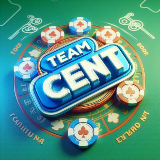 Team Cent 영어글자가 정면에 보인다. 파란색,하늘색,녹색이 조화된 뒷배경 3d. 카지노 테이블이 알록달록 하게 보인다.로고다